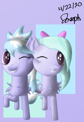 Size: 3469x5031 | Tagged: safe, artist:solder point, cloudchaser, flitter, pegasus, pony, g4, abstract background, cheek squish, chest fluff, cute, digital art, duo, family, female, mare, raised hoof, shading, siblings, signature, sisters, squishy cheeks