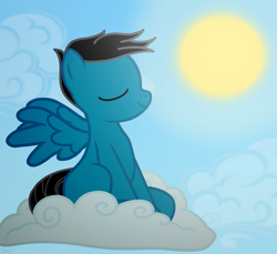 Size: 3600x3300 | Tagged: safe, artist:agkandphotomaker2000, oc, oc:pony video maker, pegasus, pony, cloud, high res, majestic, show accurate, sitting, sitting on a cloud, sky, spread wings, sun, wings