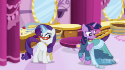 Size: 1920x1080 | Tagged: safe, screencap, rarity, twilight sparkle, alicorn, pony, unicorn, a-dressing memories, g4, spoiler:a-dressing memories, spoiler:mlp friendship is forever, 9now, animated, carousel boutique, clothes, coronation dress, dress, fashion, female, glasses, glasses rarity, laughing, magic, magic aura, mannequin, measuring tape, pin, rarity being rarity, scissors, shocked, sound, sunburst background, surprised, talking, telekinesis, twilight sparkle (alicorn), webm, what the hay?, wings