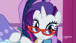 Size: 800x450 | Tagged: safe, screencap, rarity, twilight sparkle, alicorn, pony, unicorn, a-dressing memories, g4, my little pony: friendship is forever, 9now, animated, beautiful, blue eyes, cute, daaaaaaaaaaaw, duo, eyeshadow, female, friends, gif, glasses, hair flip, happy, hug, looking at someone, makeup, mare, raribetes, rarity's glasses, smiling, twilight sparkle (alicorn), wink