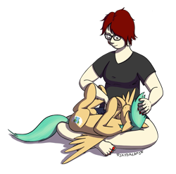 Size: 1185x1166 | Tagged: safe, artist:skydreams, oc, oc:summer ray, human, pegasus, pony, barefoot, bellyrubs, feet, female, glasses, human female, human on pony petting, human on pony snuggling, mare, painted nails, petting, self portrait, simple background, snuggling, transparent background