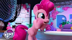 Size: 1280x720 | Tagged: safe, screencap, pinkie pie, earth pony, pony, g4, hello pinkie pie, bipedal, couch, female, hoof on cheek, logo, mare, open mouth, smiling, solo