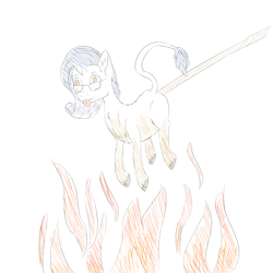 Size: 2000x2000 | Tagged: safe, artist:sufficient, oc, oc only, oc:yodi, classical unicorn, pony, unicorn, anal insertion, burnt, cloven hooves, cooked alive, cooking, fire, food, glasses, high res, horn, implied death, implied vore, insertion, leonine tail, marshmallow, roasted, simple background, solo, stick, tongue out, unshorn fetlocks, white background