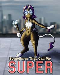 Size: 1024x1280 | Tagged: safe, artist:korencz11, rarity, pony, unicorn, fanfic:sometimes they call me super, g4, electricity, fanfic, fanfic art, fanfic cover, female, fetlock tuft, leonine tail, magic, solo, super suit, superhero, weapon