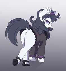 Size: 2410x2587 | Tagged: safe, artist:arctic-fox, oc, oc only, oc:spectra, pony, unicorn, butt, clothes, cosplay, costume, dock, dress, female, gradient background, headband, heels on a horse, hex maniac, high heels, high res, lidded eyes, looking back, mare, patreon, patreon reward, plot, pokémon, shoes, solo