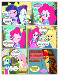 Size: 612x792 | Tagged: safe, artist:greatdinn, artist:newbiespud, edit, edited screencap, screencap, applejack, fluttershy, pinkie pie, rainbow dash, rarity, sunset shimmer, twilight sparkle, comic:friendship is dragons, equestria girls, g4, my little pony equestria girls, animal ears, clothes, collaboration, comic, crossed arms, cutie mark, cutie mark on clothes, dialogue, dress, evil grin, eyes closed, female, grin, hiding, humane five, humane six, makeup, one eye closed, screencap comic, smiling, wink