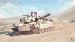 Size: 3600x2025 | Tagged: safe, artist:nsilverdraws, oc, oc only, oc:red flux, oc:violet nebula, changeling, challenger 1, desert, high res, male, purple changeling, red changeling, tank (vehicle)