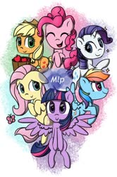 Size: 640x964 | Tagged: safe, artist:peachy-pony, applejack, fluttershy, pinkie pie, rainbow dash, rarity, twilight sparkle, alicorn, butterfly, earth pony, pegasus, pony, unicorn, g4, apple, bucket, ear fluff, eyes closed, female, food, hooves to the chest, mane six, mare, open mouth, spread wings, twilight sparkle (alicorn), wings