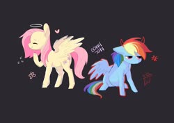 Size: 2072x1468 | Tagged: safe, artist:ashtodusk, fluttershy, rainbow dash, angel, devil, pegasus, pony, g4, devil horns, duo, female, gray background, halo, heart, mare, mood contrast, simple background, sitting, spread wings, standing, varying degrees of amusement, wings