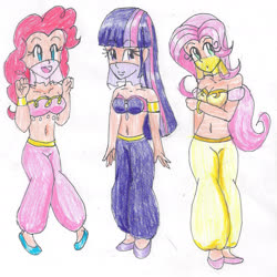 Size: 1622x1621 | Tagged: safe, artist:lilacphoenix, fluttershy, pinkie pie, twilight sparkle, human, g4, anime style, armlet, belly dancer, belly dancer outfit, bracelet, breasts, cleavage, eyelashes, fluttershy being fluttershy, harem outfit, humanized, jewelry, midriff, pinkie being pinkie, singing belly dancing rainbooms, strapless, veil