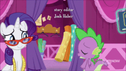 Size: 600x338 | Tagged: safe, edit, edited screencap, screencap, fluttershy, rarity, spike, starlight glimmer, dragon, pony, unicorn, a-dressing memories, g4, my little pony: friendship is forever, 9now, animated, book, female, gif, jealous, male, ship:sparlight, shipping, straight, winged spike, wings