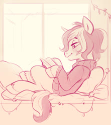 Size: 1176x1328 | Tagged: safe, artist:imalou, oc, oc only, oc:closed book, pony, unicorn, 4chan, clothes, cute, drawthread, male, monochrome, reading, solo, sweater, wholesome, window