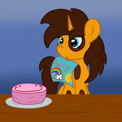 Size: 3000x3000 | Tagged: safe, artist:bigmackintosh, oc, oc only, oc:aíne, pony, unicorn, apology, cake, card, coat markings, female, filly, food, high res, pinto, table