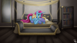 Size: 5760x3240 | Tagged: safe, artist:sevenserenity, oc, oc only, oc:skydreams, oc:stormy skies, alicorn, pony, unicorn, bed, bookshelf, complex background, day chair, duo, easter egg, mirror, snuggling