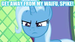 Size: 1600x908 | Tagged: safe, edit, edited screencap, screencap, trixie, all bottled up, g4, caption, image macro, implied shipping, implied sparlight, implied spike, implied starlight glimmer, implied straight, meme, text, yandere, yanderixie