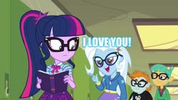 Size: 1280x720 | Tagged: safe, edit, edited screencap, screencap, sci-twi, snails, snips, trixie, twilight sparkle, best trends forever, equestria girls, equestria girls series, g4, best trends forever: twilight sparkle, caption, female, i love you, image macro, lesbian, meme, ship:sci-twixie, ship:twixie, shipping, text, the great and nerdy trixie