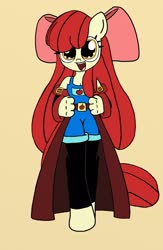 Size: 1336x2048 | Tagged: safe, artist:tenebrousmelancholy, apple bloom, earth pony, anthro, unguligrade anthro, g4, adorabloom, bow, cloak, clothes, cute, digital art, leggings, overalls, shorts, young