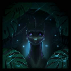 Size: 2000x2000 | Tagged: safe, alternate version, artist:kotosova, oc, oc only, oc:fester, changeling, bust, high res, leaves, night, purple changeling, rain, solo