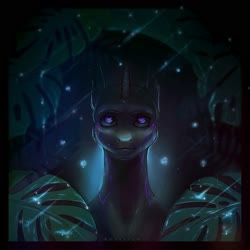 Size: 2000x2000 | Tagged: safe, alternate version, artist:kotosova, oc, oc only, oc:fester, changeling, bust, high res, leaves, night, purple changeling, rain, solo