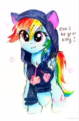 Size: 2263x3475 | Tagged: safe, artist:liaaqila, rainbow dash, pegasus, pony, g4, cat hoodie, clothes, cute, dashabetes, dialogue, female, high res, hoodie, looking at you, mare, raised hoof, smiling, solo, talking to viewer, traditional art