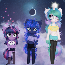 Size: 3564x3564 | Tagged: safe, artist:darkest-lunar-flower, princess celestia, princess luna, twilight sparkle, anthro, g4, alicorn triarchy, belly button, clothes, cute, high res, midriff, socks, stockings, thigh highs, twilight sparkle (alicorn)