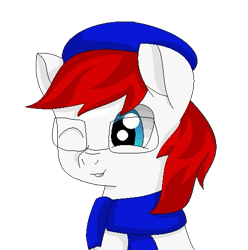 Size: 505x510 | Tagged: safe, alternate version, artist:sajimex, oc, oc only, oc:apex soundwave, earth pony, pony, bust, clothes, glasses, hat, male, ms paint, one eye closed, red mane, scarf, simple background, solo, transparent background, wink