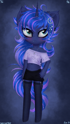 Size: 1700x3000 | Tagged: safe, artist:darkest-lunar-flower, princess luna, anthro, unguligrade anthro, g4, belly button, blushing, chibi, clothes, female, looking at you, midriff, shirt, skirt, socks, solo, stockings, thigh highs