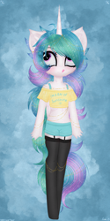 Size: 2000x4000 | Tagged: safe, artist:darkest-lunar-flower, princess celestia, anthro, g4, belly button, chibi, clothes, midriff, shorts, socks, stockings, thigh highs