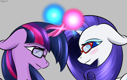 Size: 2188x1370 | Tagged: safe, artist:renarde-louve, rarity, twilight sparkle, pony, unicorn, g4, blushing, female, glasses, glowing horn, grin, horn, lesbian, mare, rarity's glasses, ship:rarilight, shipping, smiling