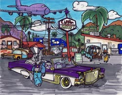 Size: 1024x793 | Tagged: safe, artist:sketchywolf-13, zecora, donkey, pony, zebra, g4, boeing 747, building, cadillac, car, clothes, cloud, female, hat, mare, palm tree, pickup truck, plane, sky, town, traditional art, tree, vehicle