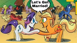 Size: 1566x868 | Tagged: safe, artist:andypriceart, edit, idw, official comic, applejack, rarity, earth pony, pegasus, pony, unicorn, friends forever, g4, spoiler:comic, spoiler:ff8, spoiler:friends forever 8, caption, comic, comic panel, female, image macro, lesbian, mare, marriage, ship:rarijack, shipping, text