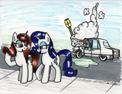 Size: 1024x796 | Tagged: safe, artist:sketchywolf-13, rarity, oc, oc:autumn snow, oc:roxie, oc:sketchy, earth pony, pony, unicorn, g4, accident, bull horns, cadillac, cadillac deville, car, clothes, crash, cutie mark, distracted by the sexy, female, horn, jacket, leather, leather jacket, looking at someone, male, mare, stallion, traditional art