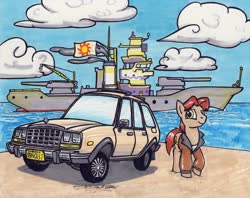 Size: 1024x812 | Tagged: safe, artist:sketchywolf-13, oc, oc only, earth pony, pony, amc, amc eagle, beach, car, clothes, cloud, commission, cutie mark, looking at you, male, ocean, sky, solo, stallion, station wagon, traditional art, vehicle, warship