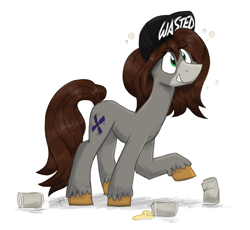 Size: 4900x4500 | Tagged: safe, artist:flutterthrash, oc, oc only, oc:whirly windmills, earth pony, pony, alcohol, beer, beer can, drunk, hat, male, municipal waste, solo, stallion, unshorn fetlocks
