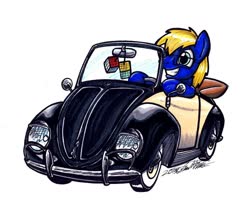 Size: 1024x870 | Tagged: safe, artist:sketchywolf-13, oc, oc only, oc:annomaniac, earth pony, pony, car, commission, driving, glasses, simple background, smiling, solo, traditional art, volkswagen, volkswagen beetle, white background, white walls