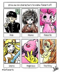 Size: 733x867 | Tagged: safe, artist:jo_jo_joki, pinkie pie, earth pony, human, pony, g4, :d, clothes, crossed arms, crossover, dragon ball, dragon ball z, female, gloves, grin, majin boo, male, mare, mob psycho 100, momo, peace sign, she-ra and the princesses of power, shigeo kageyama, signature, six fanarts, smiling, sword, weapon
