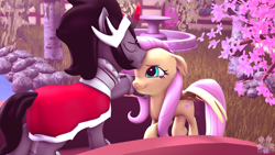 Size: 3840x2160 | Tagged: safe, artist:ivoryquest, fluttershy, king sombra, pegasus, pony, unicorn, g4, 3d, female, high res, kiss on the head, male, ship:sombrashy, shipping, straight