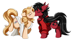 Size: 3117x1787 | Tagged: safe, artist:pridark, taralicious, oc, bat pony, pony, unicorn, bat wings, blushing, clothes, commission, digital art, duo, eyes closed, female, hoodie, horn, kissing, male, mare, pete wentz, ponified, ponified celebrity, shipping, stallion, straight, tara strong, toga, transparent background, unicorn oc, wings