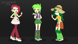 Size: 8000x4500 | Tagged: safe, alternate version, artist:metalhead97, cherry crash, rose heart, sweet leaf, equestria girls, g4, bedroom eyes, boots, clothes, come hither, commission, ear piercing, earring, female, fingerless gloves, gloves, gradient background, hand on hip, hat, jacket, jewelry, leather jacket, looking at you, miniskirt, piercing, plaid skirt, ripped, ripped shirt, shirt, shoes, short hair, show accurate, simple background, skirt, smiling, trio, trio female