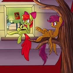 Size: 1280x1280 | Tagged: safe, artist:yourfavoritelove, apple bloom, scootaloo, earth pony, pegasus, pony, g4, banjo, bed, blank flank, duo, female, filly, lamp, musical instrument, sitting, sitting in a tree, tree, tree branch, window