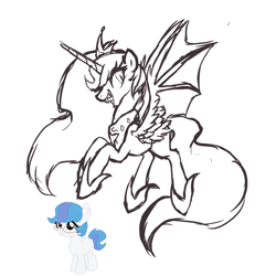 Size: 1000x1000 | Tagged: safe, artist:skulifuck, oc, oc only, alicorn, bat pony, bat pony alicorn, pony, base used, bat wings, duo, female, filly, hoof shoes, horn, lineart, mare, monochrome, nightmarified, open mouth, partial color, peytral, sharp teeth, simple background, slender, smiling, story included, teeth, thin, white background, wings