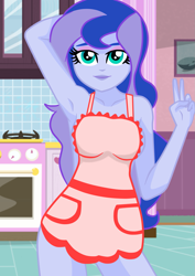 Size: 1075x1518 | Tagged: safe, artist:philelmago, princess luna, vice principal luna, equestria girls, g4, apron, arm behind head, armpits, breasts, clothes, female, housewife, looking at you, naked apron, peace sign, show accurate, solo