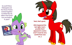 Size: 1872x1174 | Tagged: safe, artist:shadymeadow, spike, oc, oc:fried egg, dragon, pony, unicorn, g4, book, comic, male, simple background, stallion, transparent background, winged spike, wings