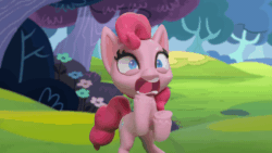 Size: 800x450 | Tagged: safe, screencap, pinkie pie, earth pony, pony, g4.5, my little pony: stop motion short, pinkie pie vs the flowers, animated, bipedal, faic, female, flower, gif, grass, outdoors, screaming, solo, stop motion, tree