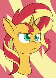 Size: 2138x2933 | Tagged: safe, artist:kaukanghong, sunset shimmer, pony, unicorn, g4, abstract background, bust, digital art, female, high res, mare, portrait, raised eyebrow, sunset shimmer is not amused, unamused