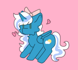 Size: 300x270 | Tagged: safe, artist:cabbage0venom, oc, oc:fleurbelle, alicorn, pony, adorabelle, alicorn oc, bow, cheek fluff, chest fluff, chibi, cute, female, hair bow, heart, horn, mare, pink background, simple background, wings