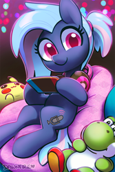 Size: 600x900 | Tagged: safe, artist:dawnfire, oc, oc only, oc:bit rate, earth pony, pikachu, pony, yoshi, cute, headphones, looking at you, nintendo switch, pokémon, smiling, smiling at you, solo, super mario bros.