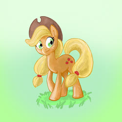 Size: 2048x2048 | Tagged: safe, artist:pfeffaroo, part of a set, applejack, earth pony, pony, g4, cowboy hat, female, gradient background, grass, hat, high res, mare, smiling, solo