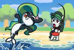 Size: 1788x1200 | Tagged: safe, artist:dawnfire, oc, oc:front page, oc:marina (efnw), orca, orca pony, original species, pony, anthro, animal crossing, clothes, everfree northwest, fishing, fishing rod, open mouth, smiling