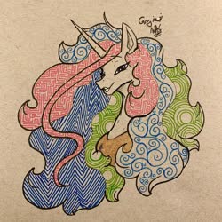 Size: 2048x2048 | Tagged: safe, artist:greyscaleart, princess celestia, alicorn, pony, g4, bust, female, high res, lidded eyes, looking at you, mare, paper, peytral, smiling, solo, traditional art
